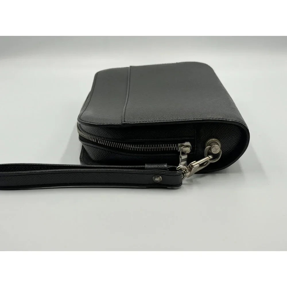 Authentic Louis Vuitton Taiga Baikal Clutch Bag Women Black Logo Genuine Leather